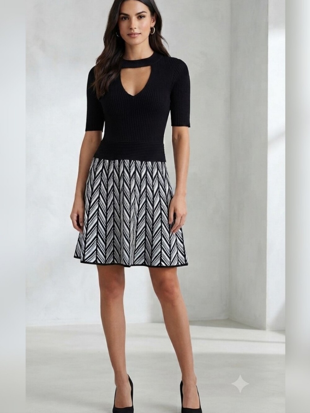 Candie's Black & White Knit Fit-and-Flare Dress with Keyhole